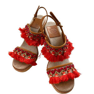 TORY BURCH NIYAH ORANGE BOHO TASSEL WEDGES*